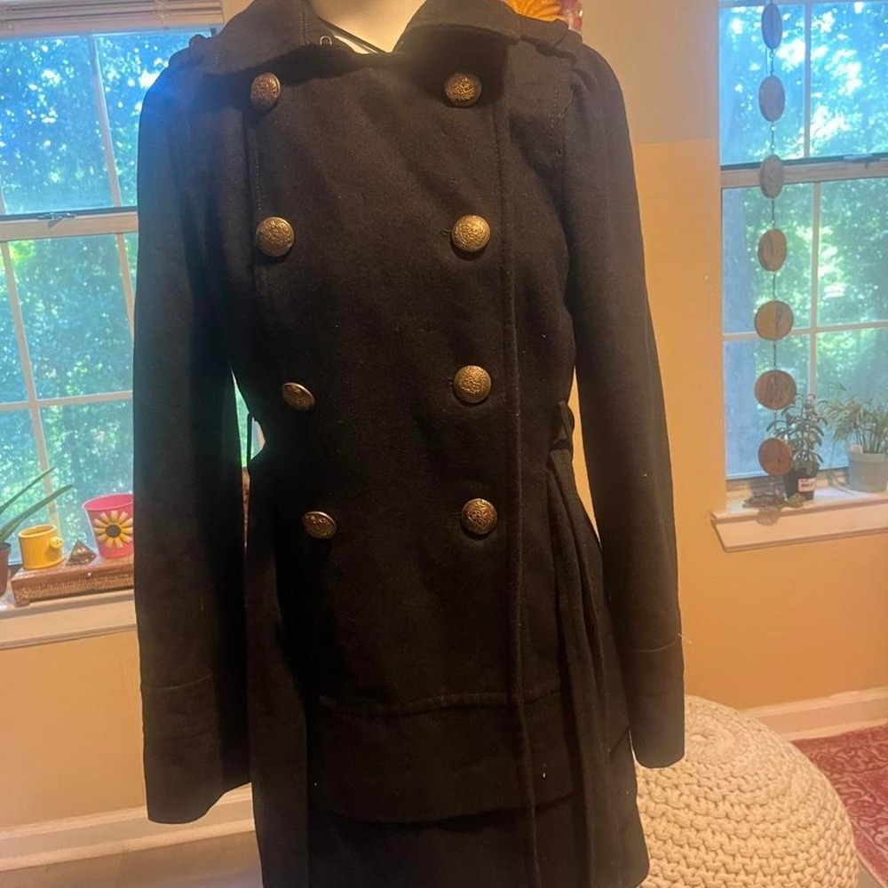 Express beautiful Black wool pea coat with gold buttons and belt old money